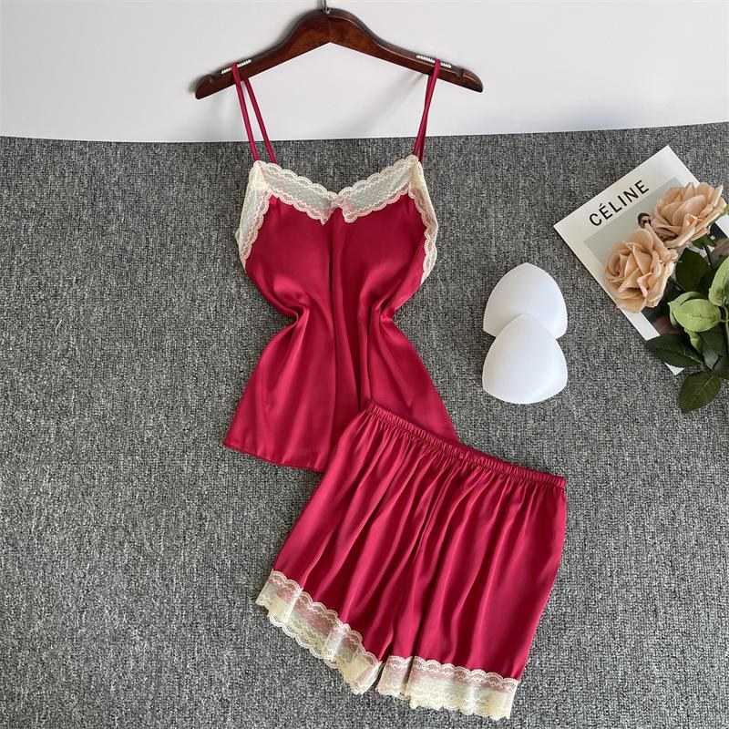 Sexy Pajamas Women's Ice Ribbon Chest Pad Summer Suspender Shorts New Lace Pure Desire Silk Loungewear
