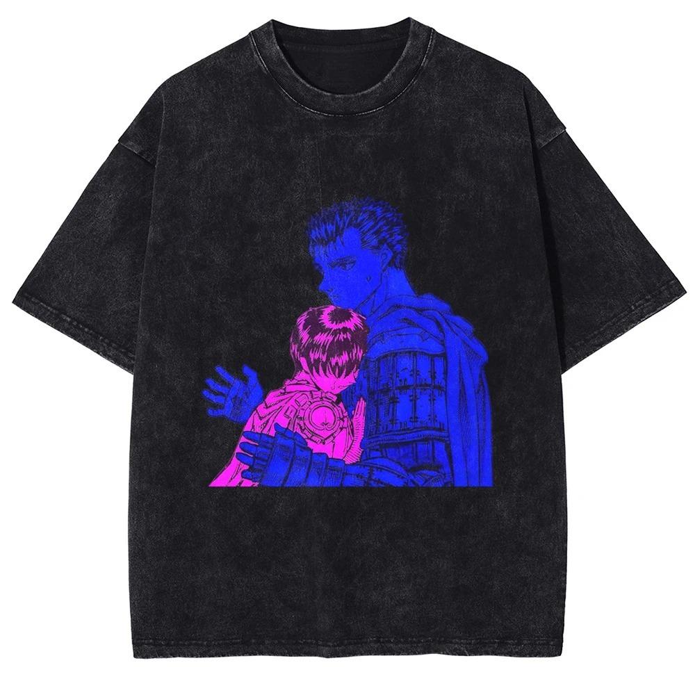 Berserk Guts (Black Swordsman) & Brand of Sacrifice Vintage Washed Double-Sided Anime T-Shirt, Unisex Dark Fantasy Manga Fan Streetwear Tee