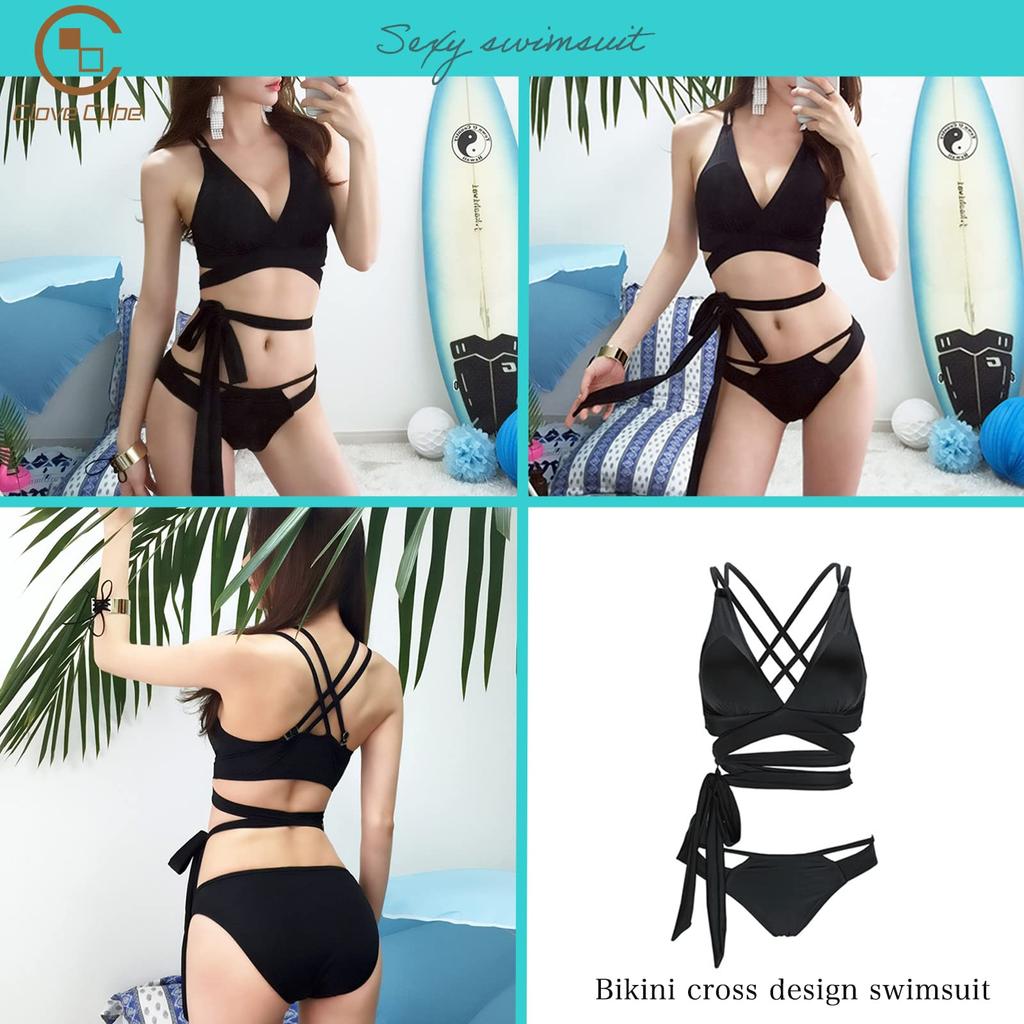 [Clove Cube] Double Cross Bikini Women's Swimsuit, Sexy, Simple, Ribbon, Black, Chic, with Pads (M Medium)