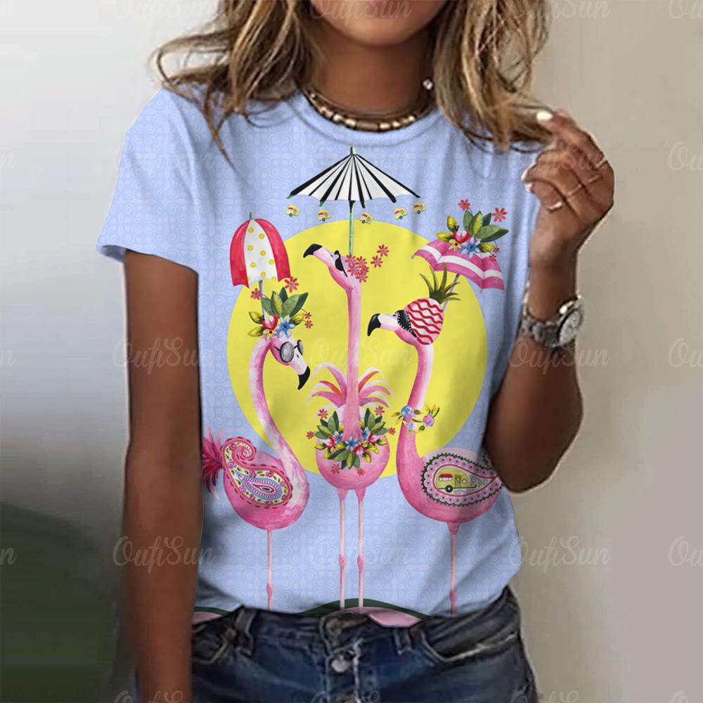 Women's Flamingo Print Round Neck T-shirt 3D Digital Print Elegant T-shirt Women's Top 3178 EMA