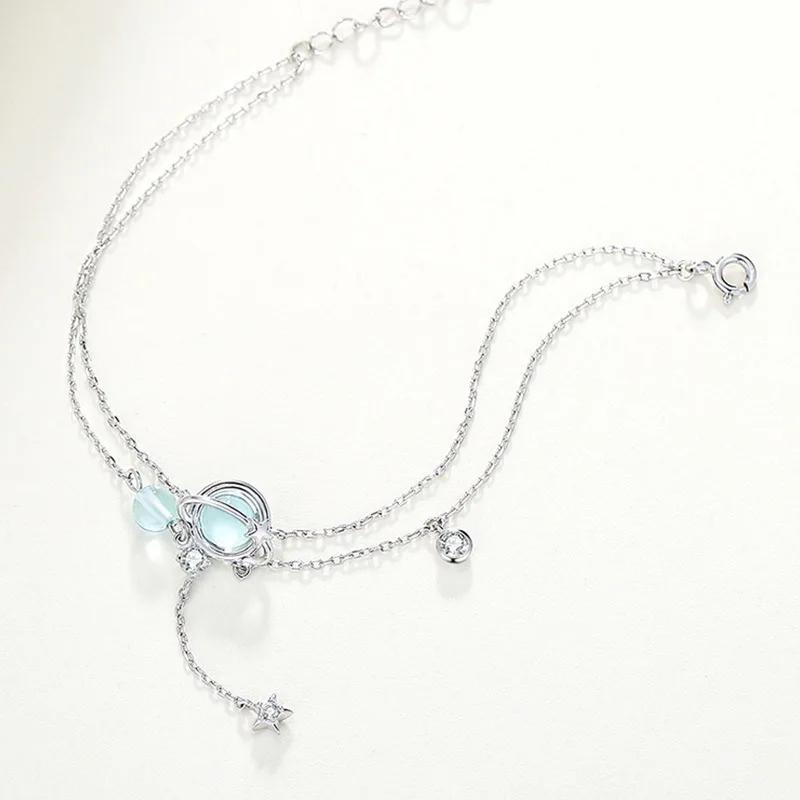 925 Silver 19CM Double Bracelet Aquamarine Crystal Encrusted Bracelet Elegant Feminine Trend Jewelry