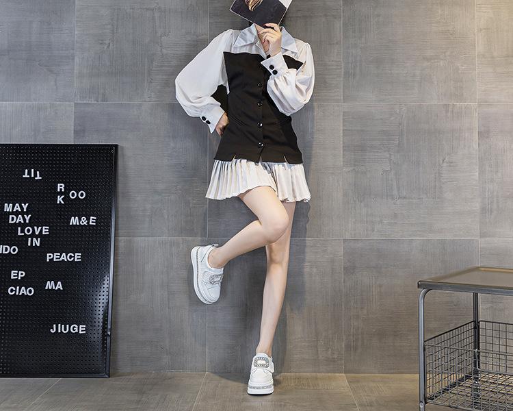 Women's 2025 Autumn White Rhinestone Casual Sneakers with Magic Tape and Petite Height-Boosting Thick Sole