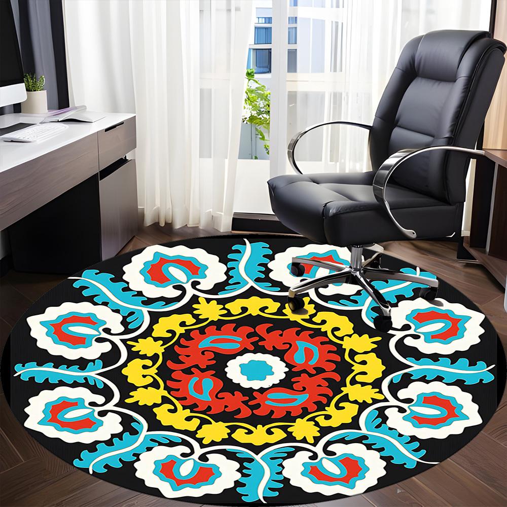 1pc Suzani Embroidery Pattern Carpet, Round Non Slip Durable Large Size Office Carpet, Suitable for Office