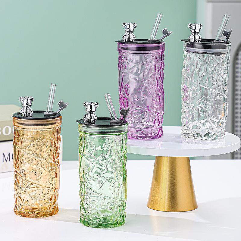 Glass Water Cup Women'S Coffee Cup With Lid And Straw Portable Home Tea Cup Office European-Style Vintage Milk Cup