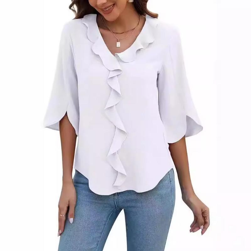 Women's Ruffled V-Neck Shirt Bell-Sleeve Blouse