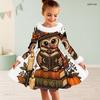 Girls Halloween Printed Dress Furry Trim High Neck Long Sleeve A Line Flared Hem
