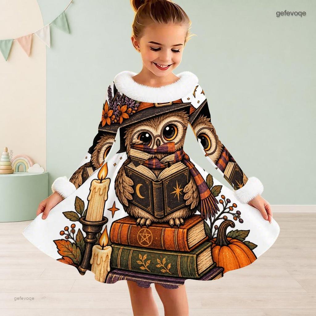 Girls Halloween Printed Dress Furry Trim High Neck Long Sleeve A Line Flared Hem