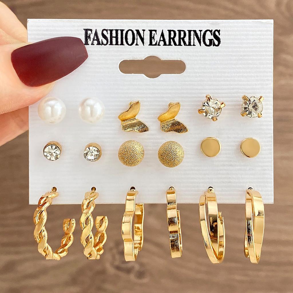 Inlaid Pearl Butterfly Earrings Premium Earrings Retro Metal 6 Set Earrings Combination Women