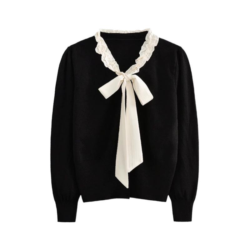 Elegant Bow Tie Lace-Up Long Sleeve Knit Cardigan for Women