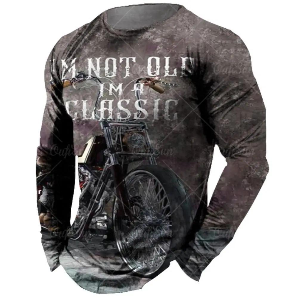 Fashionable Retro 3D Motorcycle Printed Pattern Men's Round Neck Long Sleeved T-shirt