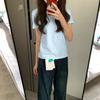 Summer New Light Blue Cotton T-shirt Women's Shoulder Simple Casual Thin Top Basic Versatile Short Sleeves