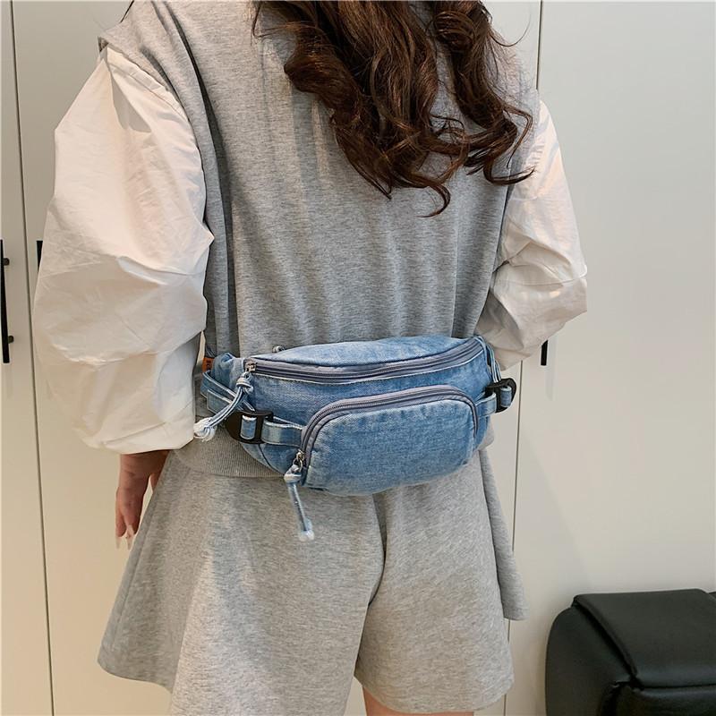 Damenmode Blau gewaschener Denim Hüfttasche Crossbody Brust Schultertasche Verstellbarer Riemen Reißverschlusstaschen Reise Sport