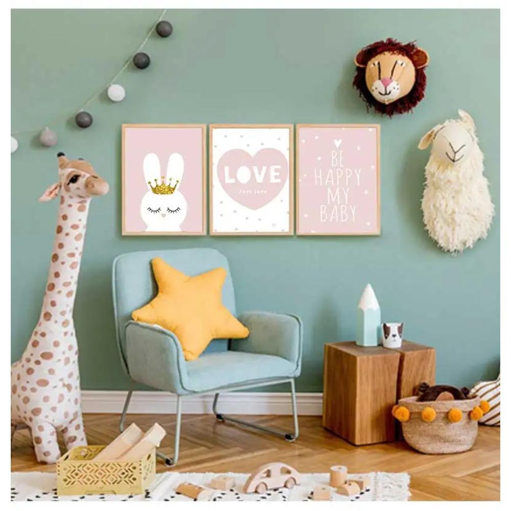 Decorazione Quadro Stile Nordico Stanza Bambina Decorazione Asilo Arte da Parete Tela Poster Minimalista Corona Coniglio Stampa Rosa Pittura Cartoon