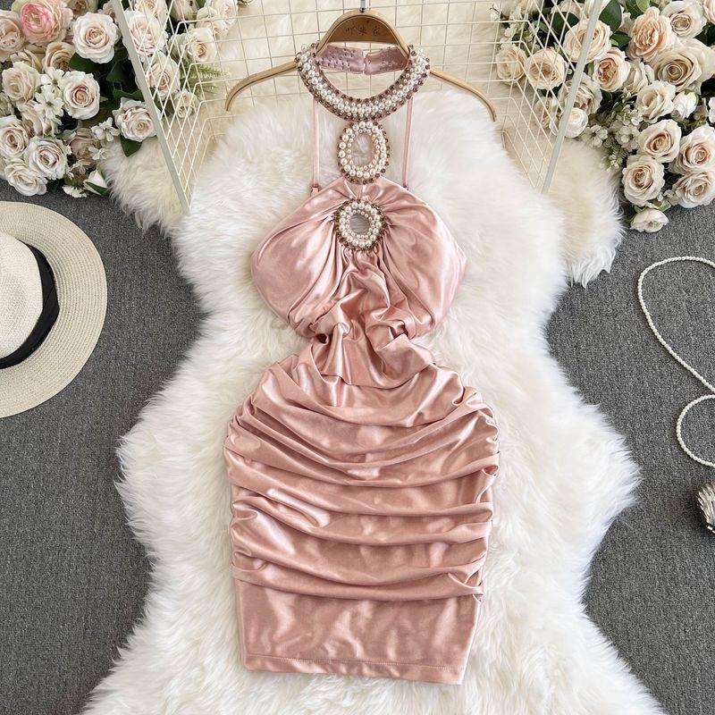 

Летняя женская одежда 2024 года, Тяжелая промышленность, Бисер, Элегантность, Сексуальный топ-халтер с открытыми плечами, Платье-футляр, Атласное платье Pink L