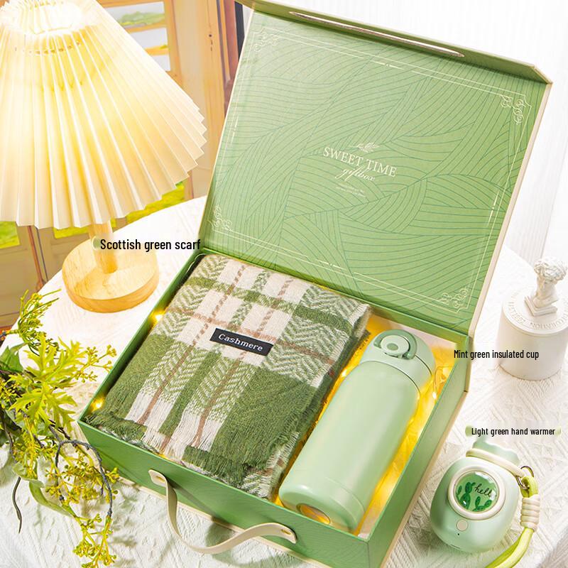 Forest Series Scarf, Thermos & Hand Warmer Gift Set Green Scarf, Mint Green Thermos, Hand Warmer