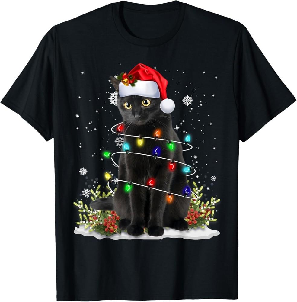 Black Cat Christmas Santa Hat Funny Meowy Cats Women Men Unisex T-Shirt
