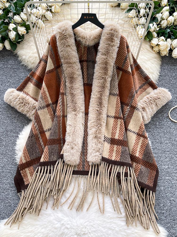 Autumn Winter Vintage Outerwear with Fur Collar Knitted Cardigan Tops for Women Loose Elegant Plaid Shawl Cloak Coat L66
