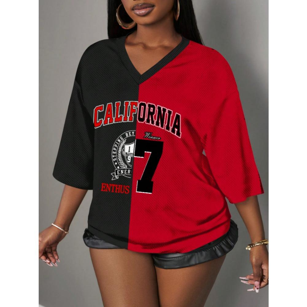 Women's V-neck sports T-shirt, printed, summer casual sports drop shoulder mesh T-shirt top