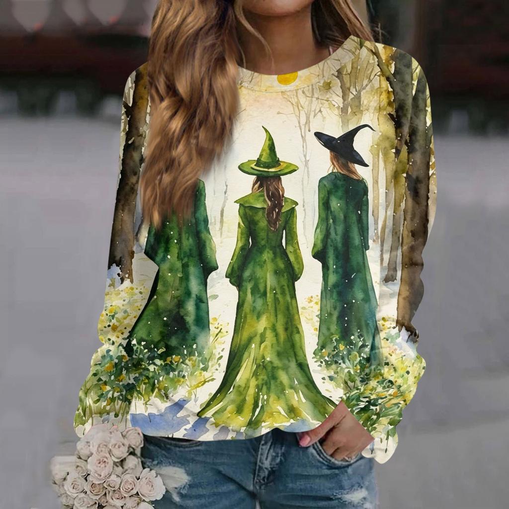 Women's Halloween Printed Long Sleeve Round Neck Raglan Sleeve Pullover Top