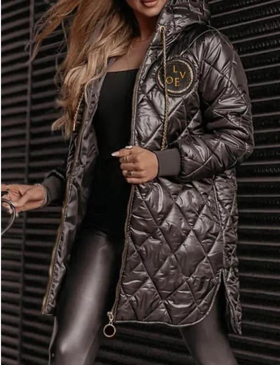 

2024 Европейская и американская куртка средней длины с капюшоном на хлопковой подкладке для осени/зимы XXL чёрный