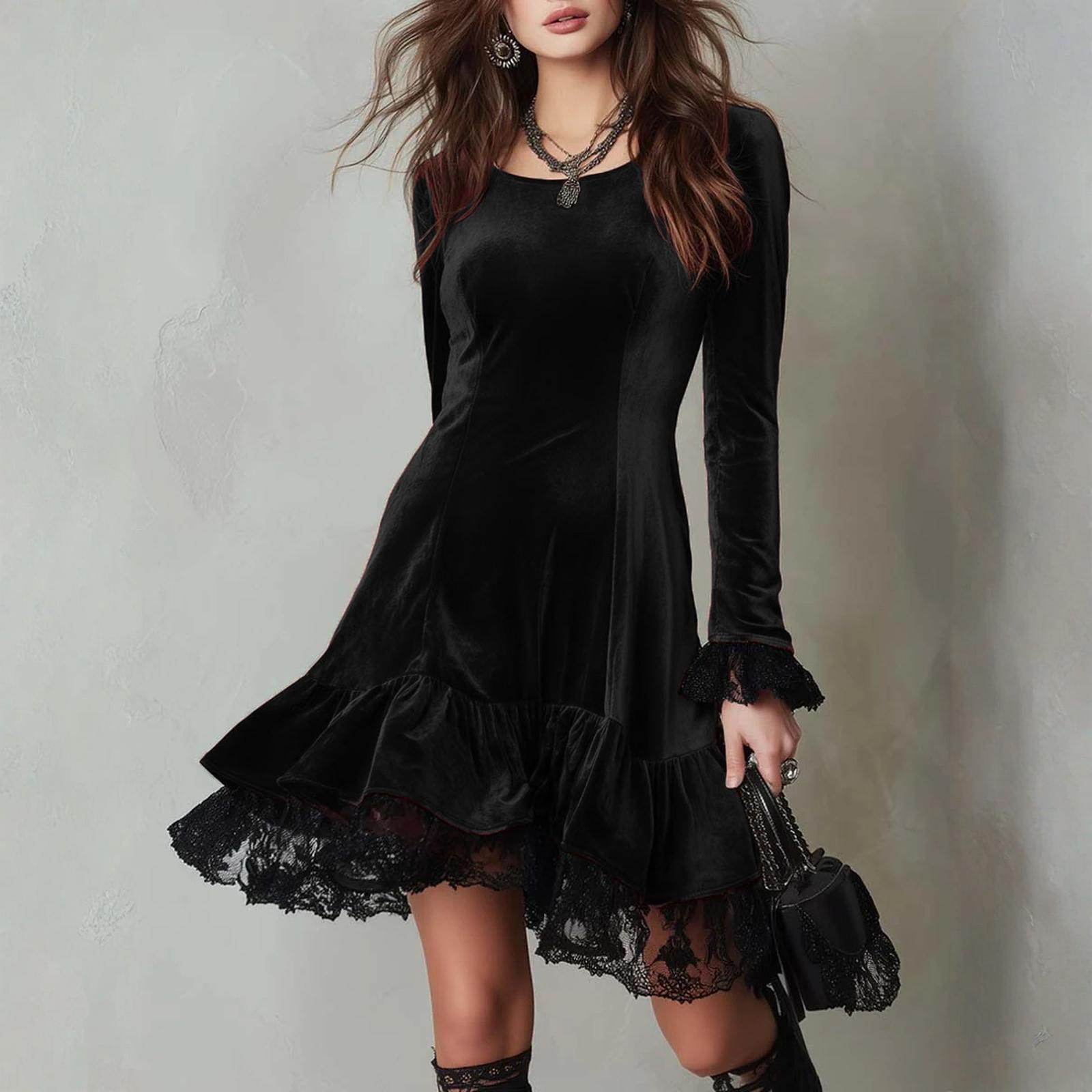 

Женское однотонное бархатное короткое платье с кружевной отделкой и расклешенным подолом. L чёрный