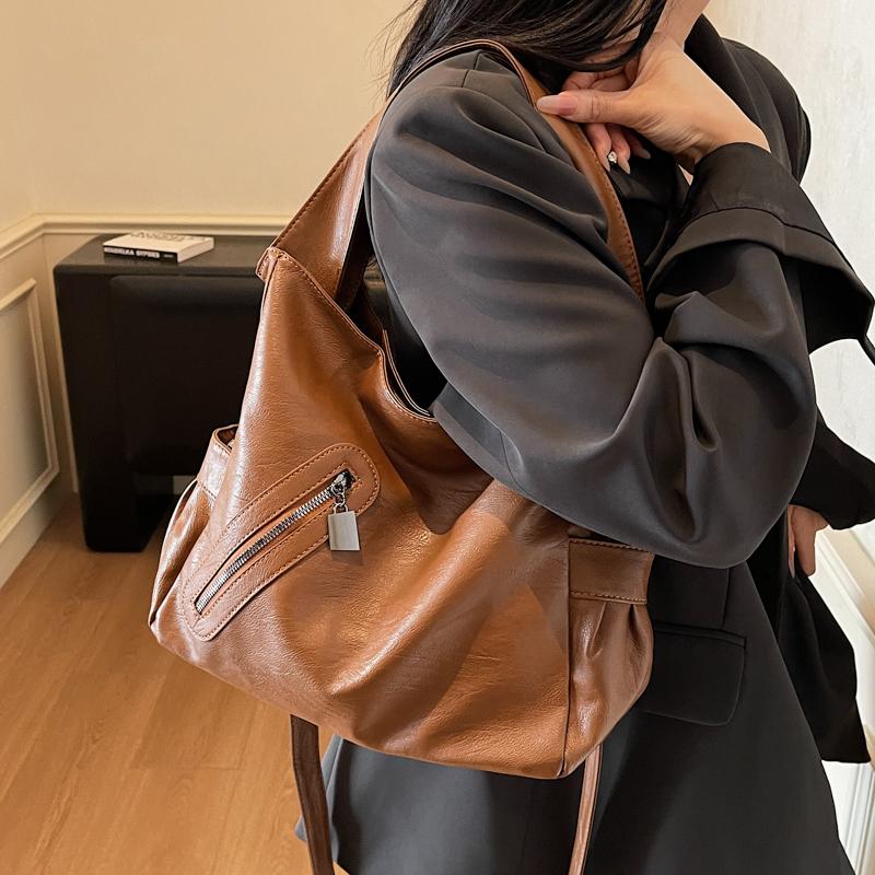 Damska skórzana torba tote w jednolitym kolorze, modna torba crossbody na jedno ramię, torebka codzienna o dużej pojemności, prosta codzienna torba na jedno ramię