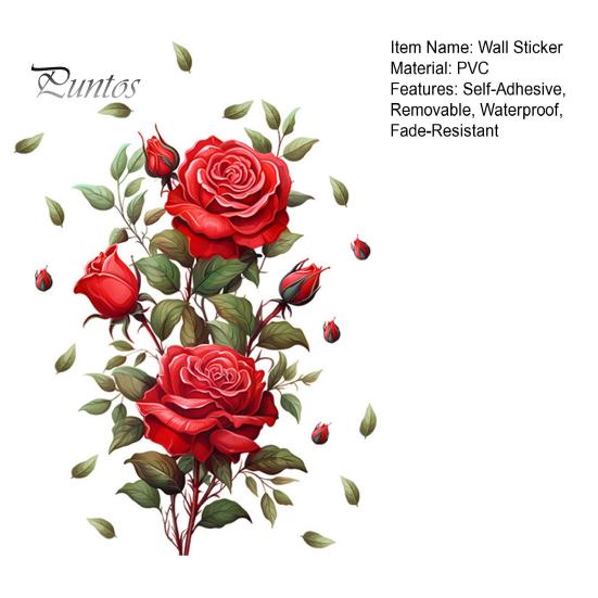 Botanical Wall Decoration for Living Room Red Rose Sticker, Watercolor Floral Peel and Stick Decal Boho Style Art Bedroom, Self-Adhesive Removable