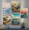 Minimal Zen Coastal Tree Koi Fish Sakura Posters Blue Wave Crane Modern Prints Canvas Painting Wall Art Picture Home Room Decor