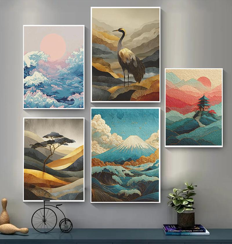 Minimal Zen Coastal Tree Koi Fish Sakura Posters Blue Wave Crane Modern Prints Canvas Painting Wall Art Picture Home Room Decor