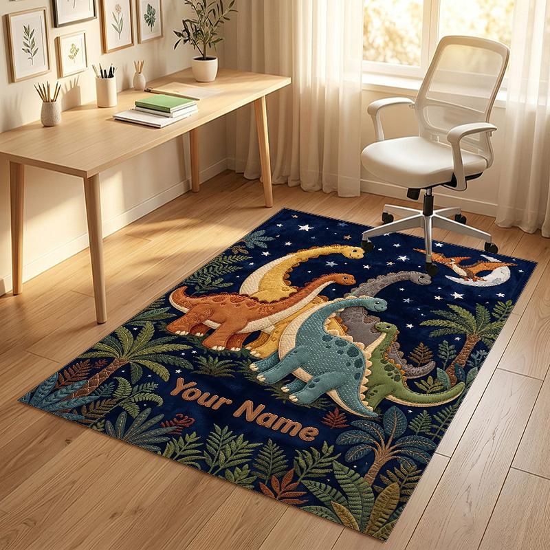 Dinosaur Theme Crystal Velvet Rug Personalized Custom Name Text Soft Floor Mat Home Decor