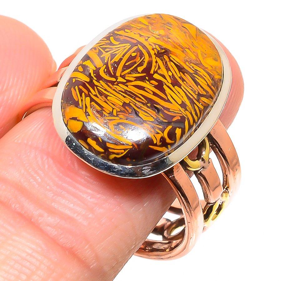 Natural Maryam Jasper Gemstone Two Tone 925 Solid Silver Gift Ring S.10.5 o2F41