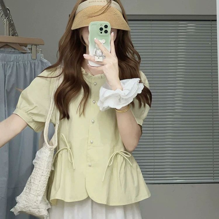 

Summer Blue Puff Sleeve Shirt French Lazy Style Women Casual Short Sleeve Top Petite Fashion S жовтий