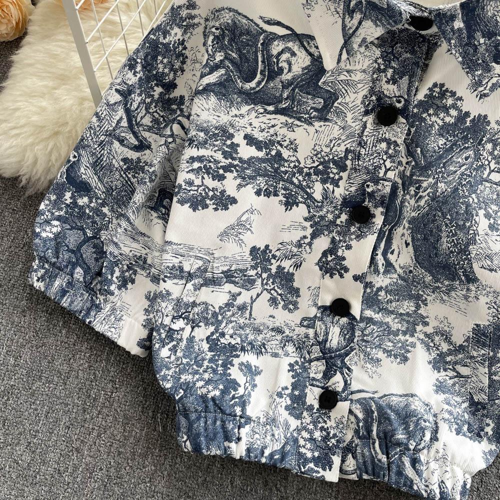 RUGOD Fashionable Temperament Suit Women's Tie-dye Printed Short Shirt High Waist A-line Skirt Western Style Two-piece Suit