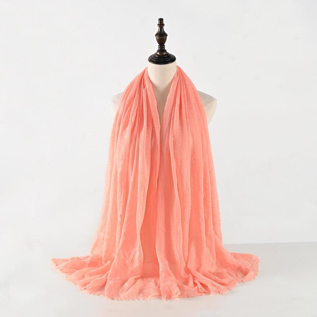 Crinkled Cotton-Linen Blend Scarf with Fringe - Solid Color, 90x180cm, Women's Headscarf