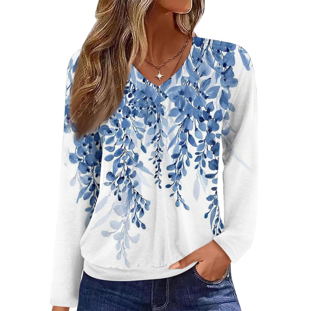 Women's Casual Fashion V-Neck Raglan Pleated Floral Print Long Sleeve Top