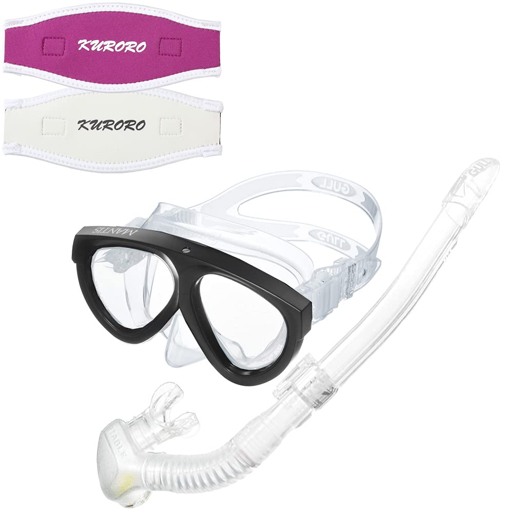 

GULL Mask Mantis 5 Silicone Blast Black x Snorkel Layla Stable Silicone Clear x KURORO Mask Strap Cover Pink x (Rose White)