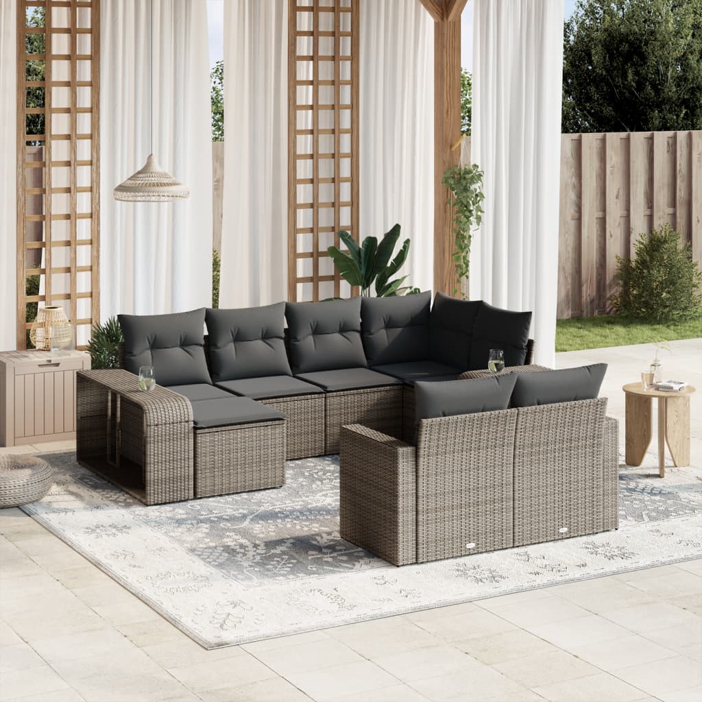 10 Piece Grey Garden Sofa Set with Cushions Poly Rattan