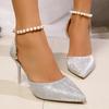Fashion Silver Stiletto High Heel Party Wedding Shoes Women Fashion Ankle Beaded Buckle Pointed Toe Pumps Women Shallow Mouth Pumps