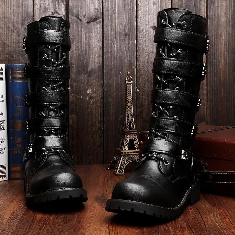 Fashion Large Size Men's Leather Motorcycle Boots Mid-calf  Combat Boots Gothic Belt Punk Boots Men Shoes Tactical Boot 2025