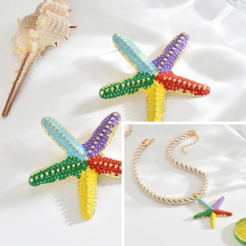 Boho Colorful Metal Oil Drop Big Starfish Pendant Rope Chains Necklace For Women Summer  Jewelry Set Gifts