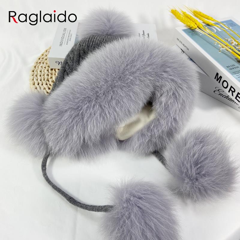 Winter Hats Women Natural Fox Fur Fuffy Warm Fashion Stylish Knitted Pompom Girls Fur Hat