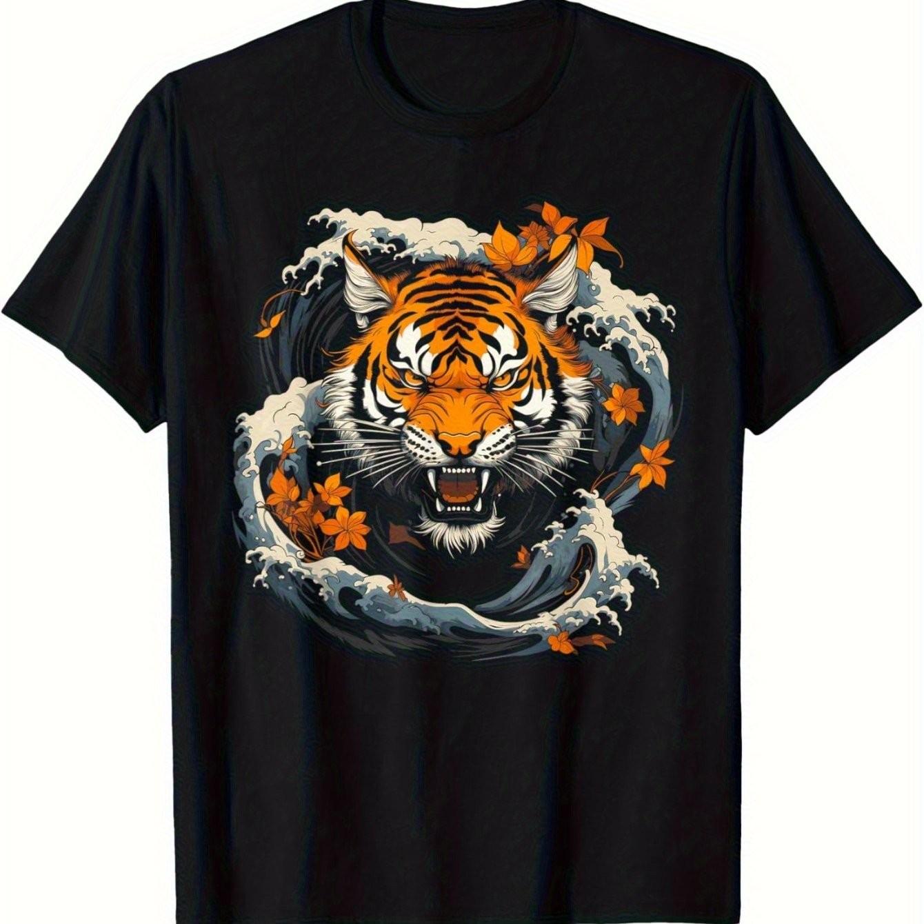 Japanese Tiger Wave Graphic Tee Mens Breathable Cotton Short Sleeve TShirt Daily Casual S