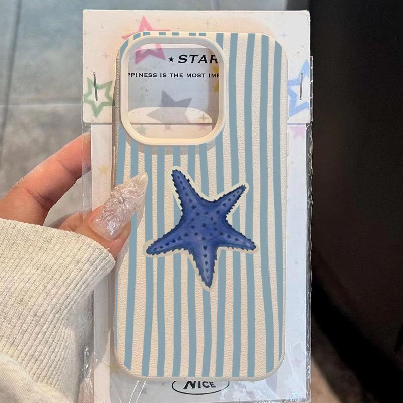 Blue Striped Starfish Pattern Soft Candy Color Phone Case For iPhone 17 16 15 14 13 12 11 Pro Max XR X XS 17Air Shockproof Cover