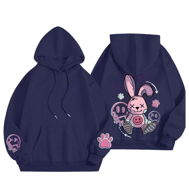 Women's Loose Cute Warm Hoodie Pink Rabbit Doll Sleeve Print Comfortable Casual Hoodie