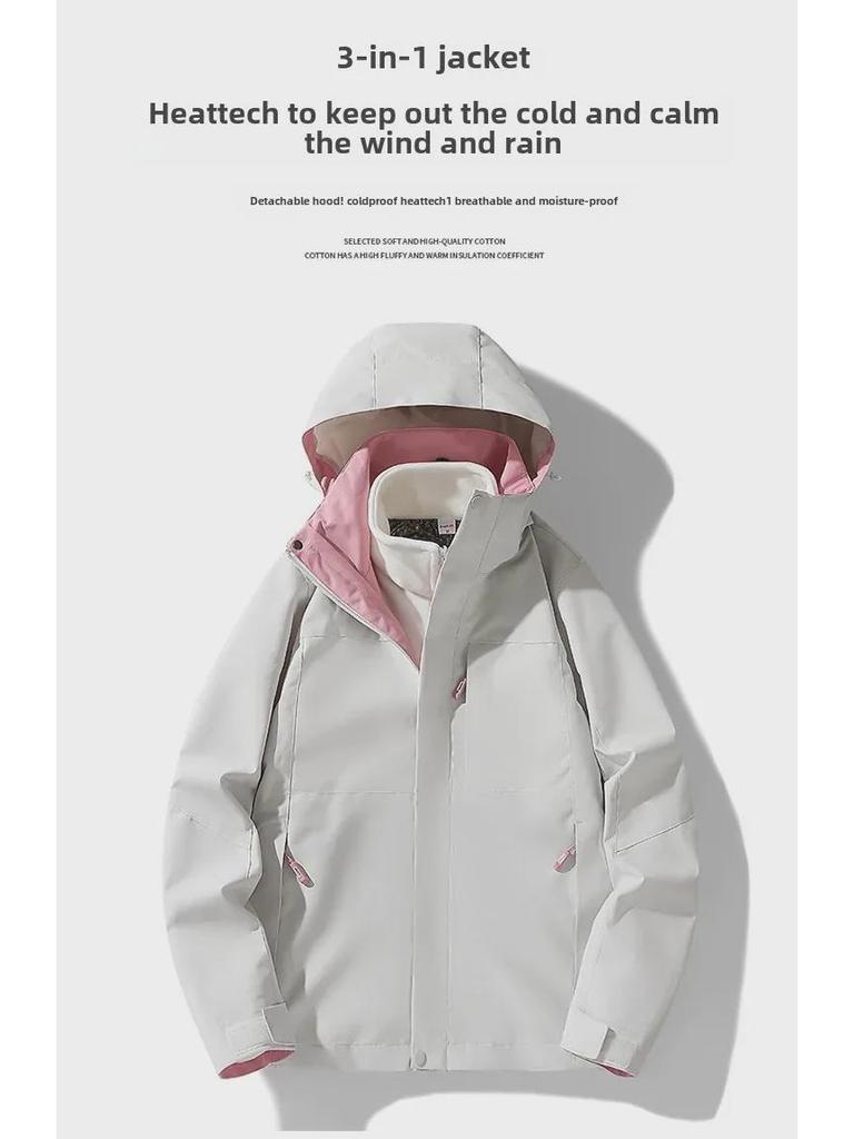 Damen 3-in-1 Winddichte Wasserdichte Jacke mit Plus-Samtfutter, Verdickt für Herbst/Winter, Herren Bergsteigerstil mit Kontrastfarben.