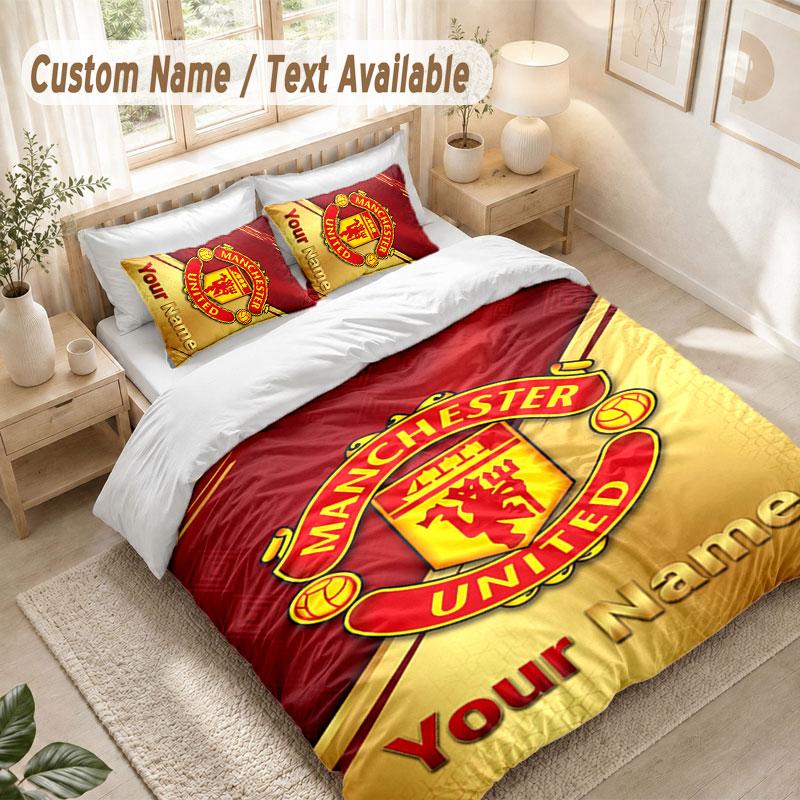 Custom Name Bedding Set 3 PiecesManchester United Print Duvet Cover + 2 Pillowcases Soft Bed Decor