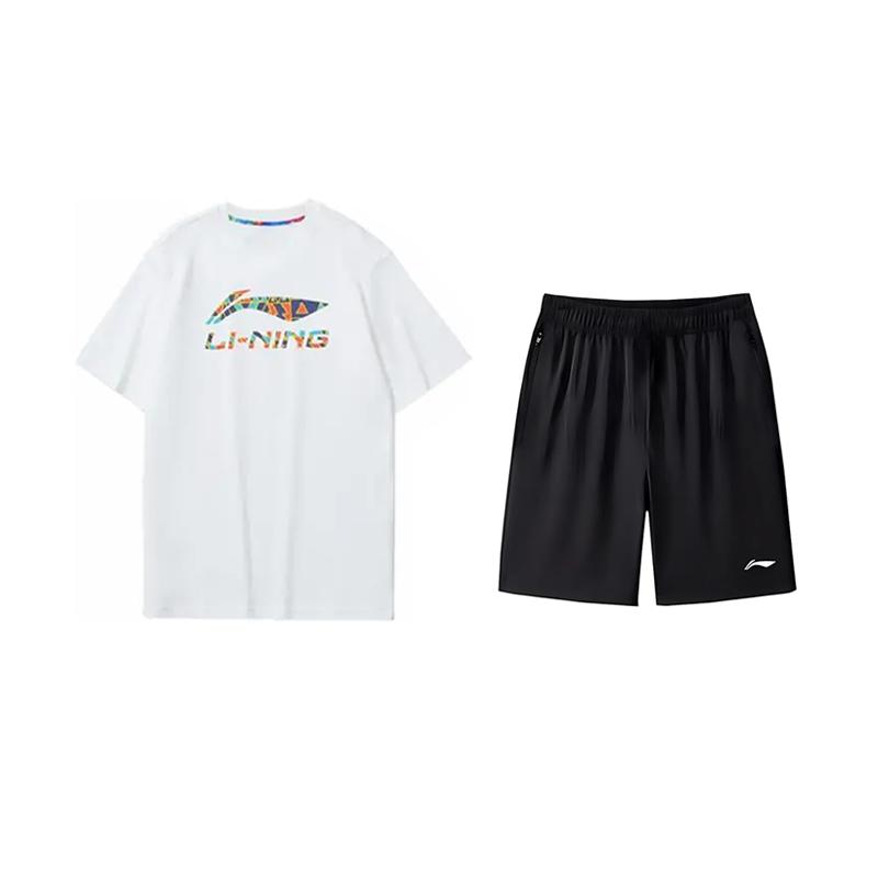 Li Ning Logo Print Versatile Comfortable Breathable Round Neck Pullover Short Sleeve T-Shirt Casual Sports Set Unisex Tops AHSS549-2+AKSV843-1