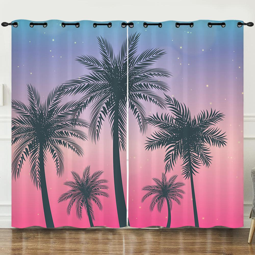 Curtain Summer Coconut Tree Sunset Landscape 3D Digital Printing Blackout Curtain Punching
