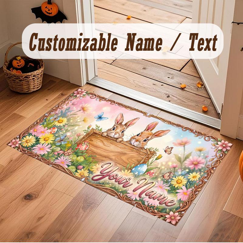 Floral Garden Theme Crystal Velvet Floor Rug Personalized Custom Name Text Warm Carpet Home Decoration