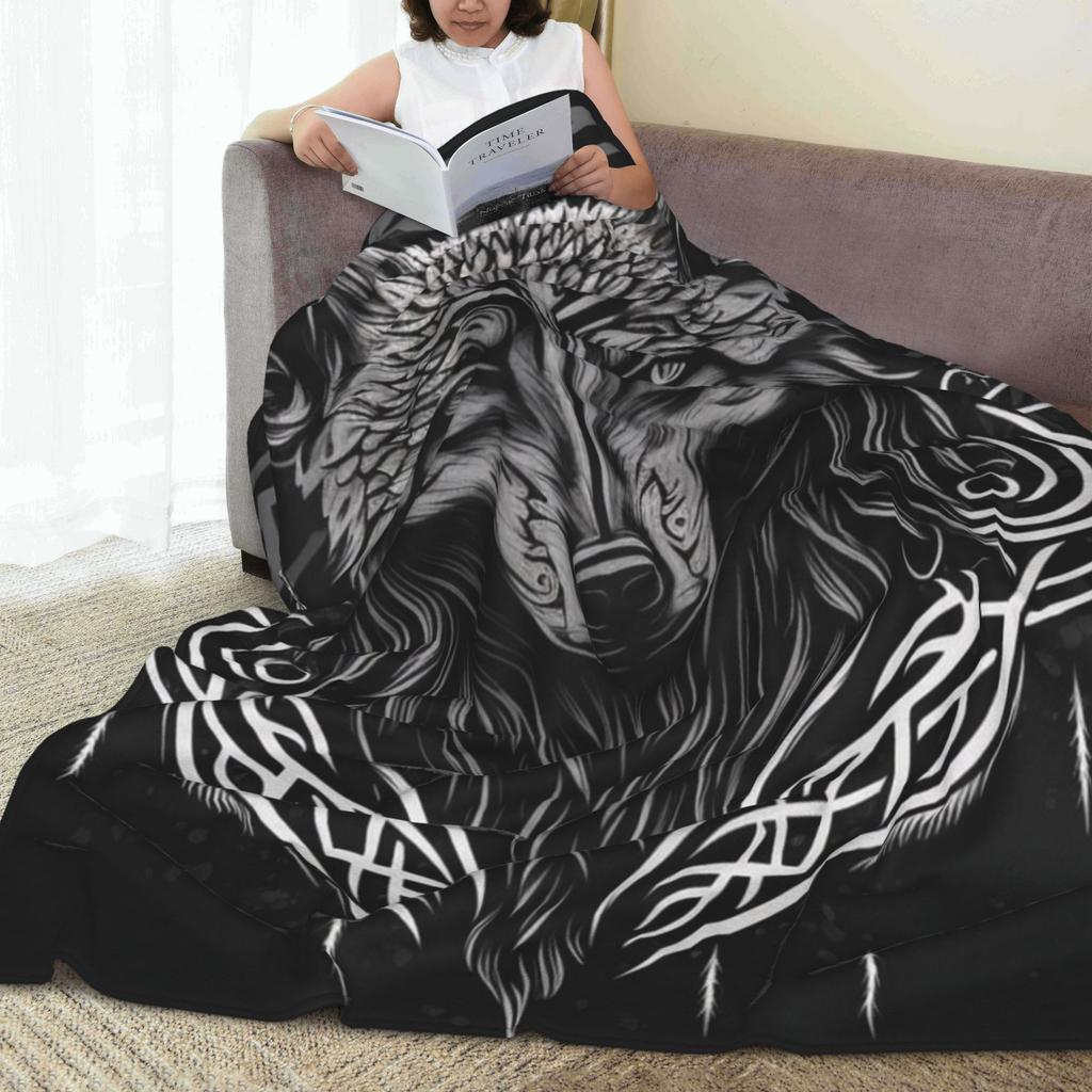 Viking Wolf Print Flannel Blanket Soft Warm All Season Throw for Couch Office Bed Camping Gift Idea